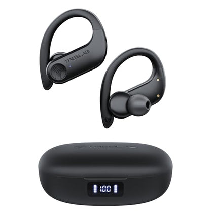 TREBLAB X3-Pro Earbuds Wireless Bluetooth, Earhook IPX5 12H Powerbank | Bluetooth Running Headphones, gaming mode 60ms, wireless charging case, secure earhook, ENC mics, BT 5.3, 9g ultra-light - color: Black Logo