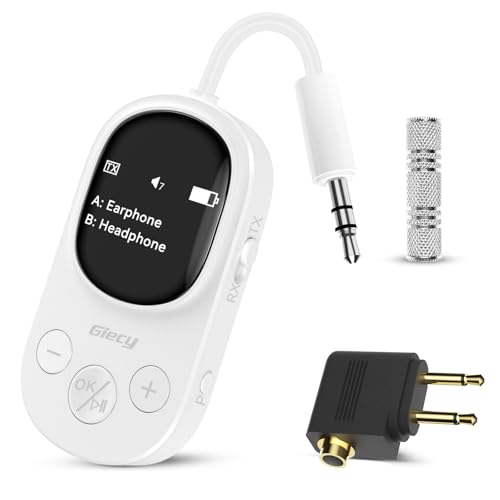 Airplane Bluetooth 5.3 Transmitter Receiver Adapter, Supports 2 AirPods or Headphones with aptX Low Latency, 3.5mm AUX Jack Wireless Audio Transmitter for Planes, Airline, Travel, TV (White)