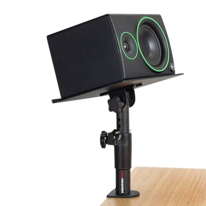 Gator Frameworks Set of 2 Clamp On Desktop Studio Speaker Stands | Height and Tilt Adjustable with 12 x 9" EVA-lined platforms & 60 lbs. Weight Capacity (GFWSPKSTMNDSKCMP) - style: Desktop Mounted