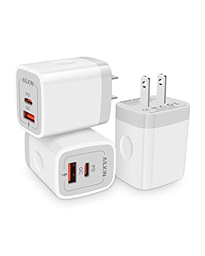 3Pack Dual Port USB-C Wall Plug-in USBC Charger, AILKIN 20W Power Delivery | QC3.0 USB A Double Port Fast Charging Block for iPhone 17 15 14 13 12 Pro Max 14 Pro Mini 16Pro Max 16 Plus 16E X XS Cube - color: White