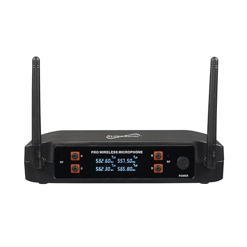 Supersonic SC-909 2.4G 4 Channel Wireless Microphone System with Long-Range 160 FT Transmission, Crystal-Clear 20Hz-20KHz Sound, Low 30mA Consumption, AA Battery-Powered Transmitter, and 12V Receiver