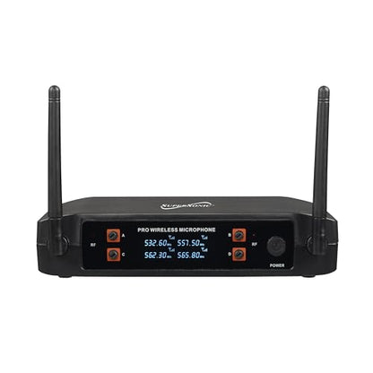 Supersonic SC-909 2.4G 4 Channel Wireless Microphone System with Long-Range 160 FT Transmission, Crystal-Clear 20Hz-20KHz Sound, Low 30mA Consumption, AA Battery-Powered Transmitter, and 12V Receiver