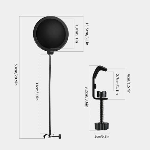 6"Mic Pop Filter with C-Clamp,360° Gooseneck Clip Stabilizing Arm for Studio | Double-layer Professional Pop Filter, For Microphone,Boom Arm,Stands