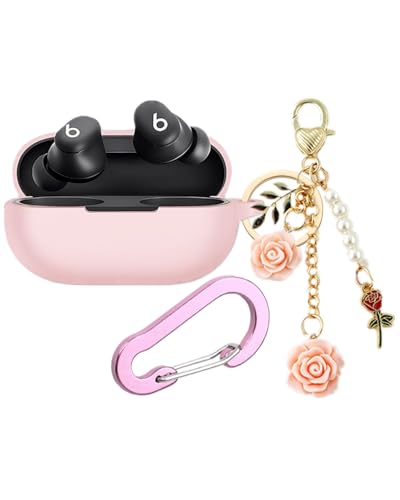 Case for Beats Solo Buds Case Cover with Flower Keychain, Cute Soft Silicone Shockproof Protective Skin Cases for Beats Solo Buds Wireless Earbuds with Carabiner for Women Girl (Pink) - color: Pink