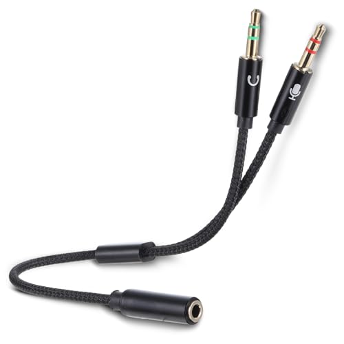 Headphone Splitter for PC, Braided 3.5mm TRRS Female to Dual TRS Male Headset Splitter, Y Audio Splitters Cable Cord for Gaming Headphone Microphone Computer Speaker Laptop, Black