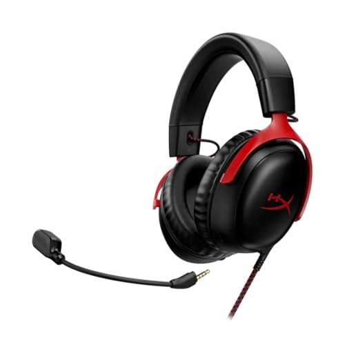 HyperX Cloud III – Wired Gaming Headset,PC,PS5,Xbox Series X|S,Angled 53mm Drivers,DTS Spatial Audio,Memory Foam,Durable Frame,Ultra-Clear 10mm Mic,USB-C,USB-A,3.5mm – Black/Red,(Pack of 10) - color: Black/Red, size: Regular (Pack of 10), style: Wired