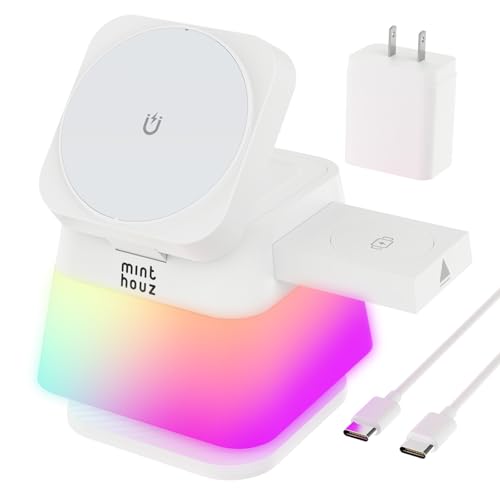 Minthouz 3 in 1 Charging Station for iPhone, Wireless Charger for Apple, MagSafe Charger with Night Light, 360° Rotation, Compatible with iPhone 16, 15, 14, 13, 12 Pro, Apple Watch & AirPods Pro 4/3/2