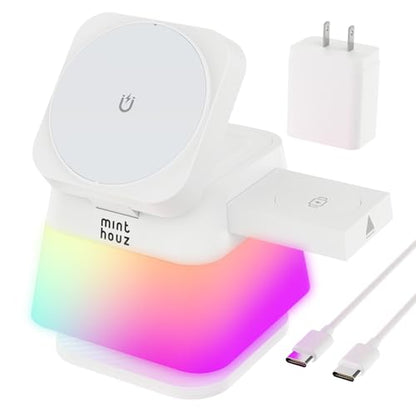 Minthouz 3 in 1 Charging Station for iPhone, Wireless Charger for Apple, MagSafe Charger with Night Light, 360° Rotation, Compatible with iPhone 16, 15, 14, 13, 12 Pro, Apple Watch & AirPods Pro 4/3/2