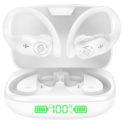 Wireless Earbuds with Ear Hooks 96H Playtime for iPhone Android | LED Display Deep Bass Stereo Sound Built in Mic Sweat Resistant Design Low Latency Mode for Sports Gaming - color: White