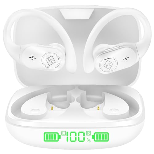 Wireless Earbuds with Ear Hooks 96H Playtime for iPhone Android | LED Display Deep Bass Stereo Sound Built in Mic Sweat Resistant Design Low Latency Mode for Sports Gaming - color: White