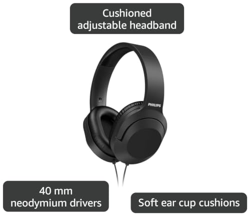 Philips Audio H2005BK/00 Over-Ear Stereo Headphones Wired (2 m Cable, 40 mm Neodymium Drivers, Passive Noise Isolation, Adjustable Headband, Lightweight) Black - size: One Size No Mic