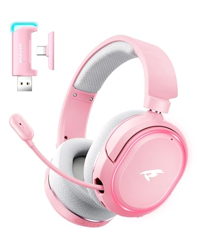 Wireless Gaming Headset, 7.1 Surround Sound, 2.4GHz USB Gaming Headphones with Bluetooth 5.4, 100H Battery, ENC Noise Canceling Mic, RGB Light, Wireless Headset for PC PS5 PS4 Mac Switch (Gray-Pink) - color: White-Pink