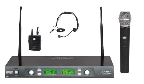 AUDIO 2000'S AWM6547DUX 2-Channel UHF Diversity Wireless Microphones with 2 Wireless Body-Pack Transmitters, a Headset Mic., a Handheld Wireless Mic., a Wireless Receiver and a Hard PVC Carrying Case