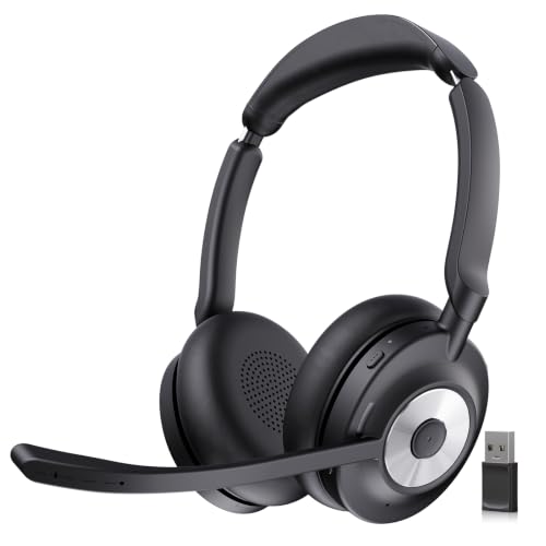 Bluetooth Headset with Microphone for PC & Laptop, Wireless Office Headset with USB Dongle, ENC Noise Cancelling Mic, 30H Talk Time, On-Ear Computer Headset for Zoom Teams Call Center