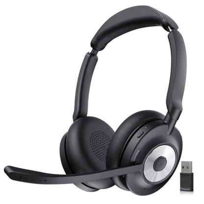 Bluetooth Headset with Microphone for PC & Laptop, Wireless Office Headset with USB Dongle, ENC Noise Cancelling Mic, 30H Talk Time, On-Ear Computer Headset for Zoom Teams Call Center