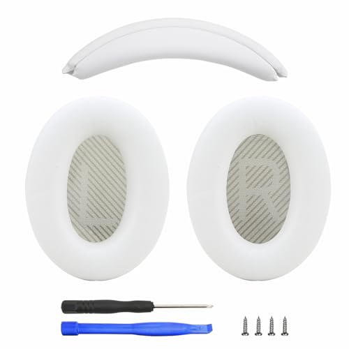 Ear Cushion and Headband for Bose QC45 QC35, Replacement Headstrap Pad Repair Part with Protein Leather& Memory Foam (White) - color: White