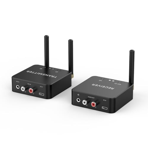 5.8GHz&5.2GHz Dual-Band Wireless Audio Transmitter Receiver for TV/PC, 160ft Long Range 0.018s Low Latency with Built-in 2.4G Bluetooth 5.3 Receiver, Wireless Adapter Kit with RCA(3.5mm) Out/Input - color: GT01-RCA