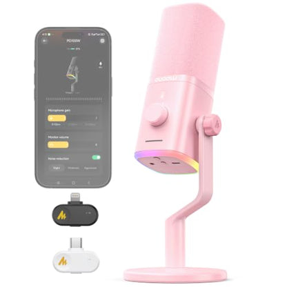 MAONO PD100W Wireless Dynamic Microphone for iPhone, Android & PC (Pink) | USB-C & Lightning Receivers, Noise Reduction,RGB Lighting, Software EQ, for Gaming, Streaming and Content Creation - color: Pink