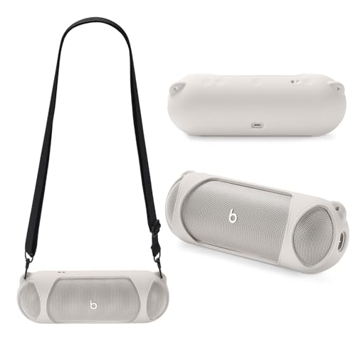 Silicone Case for Beats Pill 2024, Shockproof Cover with Strap - color: Beige