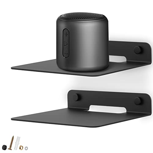 Small Shelf for Wall, Metal Floating Shelf for Bluetooth Speakers,2 Pack, | Black Metal Wall Mount for WiFi Routers, Phones and Smart Devices, 3 mm Aluminum with EVA Pad, Cable Access, 6.1 x 5.1 Inch - size: 6 in