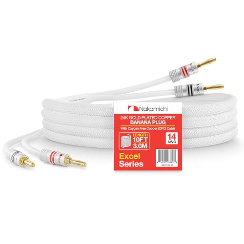 Nakamichi 24k Gold Plated Banana Plugs with 14 AWG Speaker Cable 99.9% OFC | Oxygen-Free Copper, Excel Series, Heavy Duty Braided for Amplifier Receiver Hi-Fi Stereo Audio Wire - White (10 feet / 3.0m) - color: White (14 AWG), size: 10-Feet (3.0m)