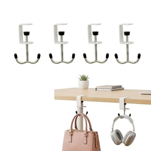 4 Pack Adjustable Under Desk Hooks, Universal Bag Hanger Fits Most Table Thickness, 100LB Capacity Heavy-Duty Dual Hook for Purse, Backpack, Office Home (White) - color: White