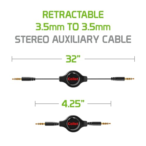 Cellet Retractable Stereo Auxiliary Cable – 32" Extendable Aux Cord for Car, Headphones, Speakers & More – Compact, Tangle-Free Design – 3.5mm Male to 3.5mm Male Audio Jack – Black