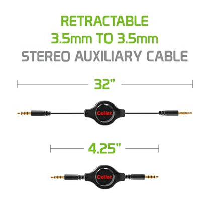 Cellet Retractable Stereo Auxiliary Cable – 32" Extendable Aux Cord for Car, Headphones, Speakers & More – Compact, Tangle-Free Design – 3.5mm Male to 3.5mm Male Audio Jack – Black
