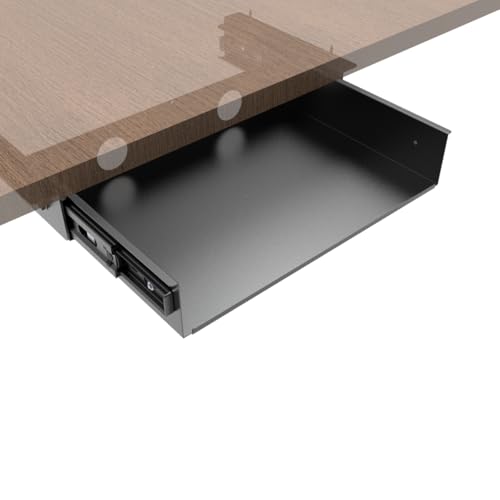 13 inch Under Desk Slide Out Storage Shelf with Cable Managment | Steel Sliding Under Desk Tray Drawer for Standing Desks, Workstations, Cabinet or Gaming