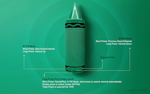 Crayola Kids Crayon Speakers Bluetooth, Portable Bluetooth Speakers | 20W Peak Power HD Sound, Mini Bluetooth Speaker Wireless with TWS Pairing BT 5.3, FM Radio Home/Party/Outdoor/Travel - color: Green
