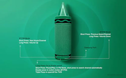Crayola Kids Crayon Speakers Bluetooth, Portable Bluetooth Speakers | 20W Peak Power HD Sound, Mini Bluetooth Speaker Wireless with TWS Pairing BT 5.3, FM Radio Home/Party/Outdoor/Travel - color: Green