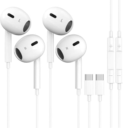 USB C Wired Headphones [2-Pack] with Microphone – HiFi Earbuds Stereo, Nosie Reduction, Audio, Earphones Compatible with iPhone 17/16/15, Samsung Galaxy S26/S25/S24/S23, Google Pixel, iPad, MacBook