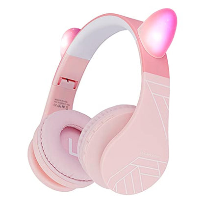 PowerLocus Bluetooth Headphones for Kids, Wireless Foldable Headphones Over Ear, Headphone with Microphone, 85DB Volume Limit, Wireless and Wired Headset with Micro SD, FM for Cellphones, Tablets, PC - color: Pink Cat Ears