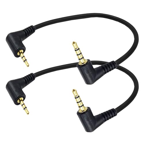 2.5mm to 3.5mm Auxiliary Audio Cable 2Pack 90 Degree Right Angle 3.5mm 4 Pole Male to 2.5mm 3 Pole Male Headset Stereo Audio Aux Extender Stereo Jack Cord Gold-Plated Connectors 8inch