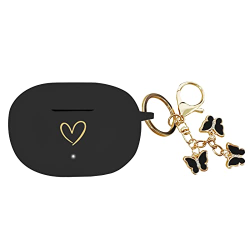 Compatible with Beats Studio Buds 2021, Soft Silicone Case with Gold Heart Pattern for Beats Studio Buds Case with Cute Butterfly Keychain for Girls Women (Black) - color: Black