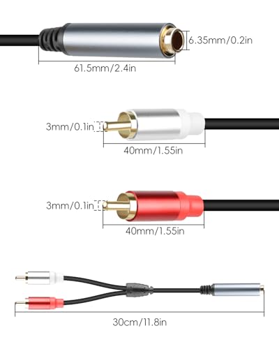 GELRHONR RCA to 1/4 Female Adapter Splitter Cable, 6.35mm Female to Dual RCA Male Audio Cable for Amplifier, Microphone, TV and More 30cm (1Female to 2 Male) - color: 1Female to 2 Male