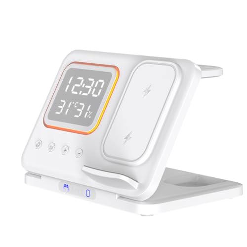 IHAO 5in1 Multi Functional Wireless Charging Station Digital Clock 15W Fast Charging Temperature Display Wireless Charger for All Qi Phone and TWS Headphone Compliant with Apple Watch-DH15 White - color: 5IN1 Wireless Charger Alarm Clock DH15 White