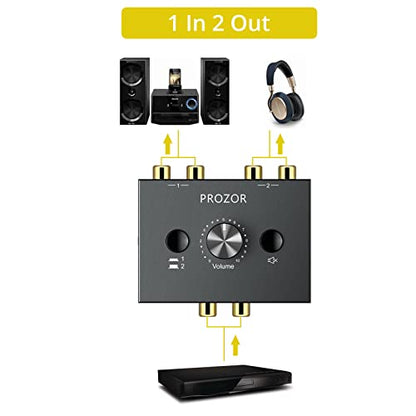 PROZOR RCA Stereo Audio Switcher - 2 in 1 Out R/L Stereo Audio Switch, 1 in 2 Out Stereo Audio Switcher Selector with Mute Button and No External Power Required (Black 2-1) | RCA L/R Stereo Switch with Volume Control, Mute Button, Passive Design and No Ex