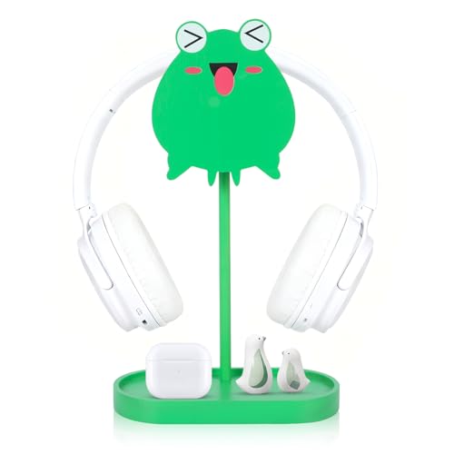 Frog Cute Headphone Stand with Storage Tray, HSSZXFR Decorative Wooden Headphone Stand Hanger with Cable Holder, Desk Decor Gaming Gifts for Player Girlfriend Office Worker, Headset Holder Accessories