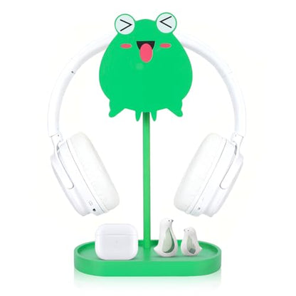 Frog Cute Headphone Stand with Storage Tray, HSSZXFR Decorative Wooden Headphone Stand Hanger with Cable Holder, Desk Decor Gaming Gifts for Player Girlfriend Office Worker, Headset Holder Accessories
