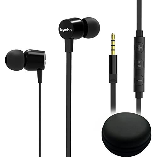 Joymiso Wired Earbuds for School Kids Women Small Ears w Mic and Case Black | Volume Control, 6 Sizes Tips, Lightweight Comfortable, Tangle Free Flat Cable, in Ear Headphones for Cell Phone Laptop Tablet