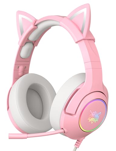 PHNIXGAM Gaming Headset - Removable Cat Ears, RGB/Retractable Mic (A Pink) | Wired 3.5mm surround sound gaming headphone, compatible with PC, PS4, PS5, mobile, cute light pink design - color: A Pink 3.5mm