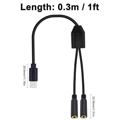 Poyiccot USB C to 3.5mm Audio Adapter, 1 to 2 Ways USB Type C to 3.5mm TRS Female Headphone Jack Adapter Y Splitter Stereo Cable Compatible with Headphone, Galaxy, MacBook, 30cm/1ft - style: 1 to 2 ways