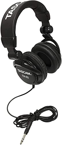 TASCAM TH-02 Professional Studio Monitor Headphones, Wired, Over Ear — for Recording, Podcast, DJ, Music and Guitar, with 1/4 Inch Jack Adapter