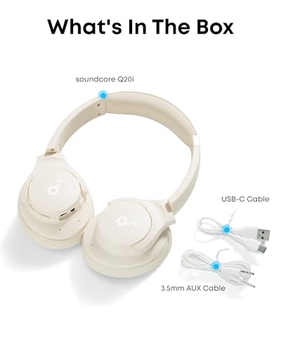 Soundcore by Anker Q20i Hybrid Active Noise Cancelling Headphones, Renewed | Over-Ear, Bluetooth, 40H ANC Playtime, Hi-Res, Big Bass, Transparency Mode, Customize via App, Travel, Home, Office - color: White
