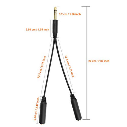 Tisino 6.35mm(1/4 inch) TRS Jack Cable Headphone Splitter 2 Way, 20cm | 1/4" TRS Stereo Jack Splitter Cable, 6.35mm Male to 2 Female Y Lead for Guitar, Mixer, Studio, Gold-plated/OFC