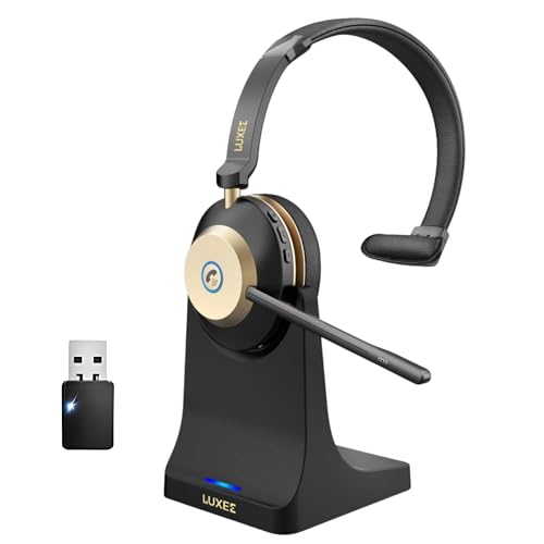LUXEE Bluetooth Wireless Headset with Microphone for Work - Single Ear Computer Headset with USB Dongle & Charging Base, Noise Canceling Office Headset for Laptop, Zoom, Audifonos con Microfono