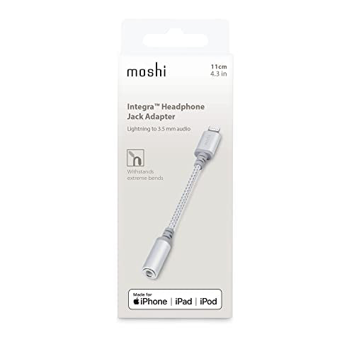 Moshi Integra Lightning to 3.5mm Headphone Jack Adapter [MFi Certified], DAC Chip Integrated, Ballistic Nylon Braiding, Aluminum Housings, Exceeds 10,000 Bend Cycles, for iPhone/iPad, Jet Silver