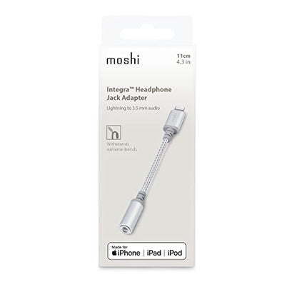 Moshi Integra Lightning to 3.5mm Headphone Jack Adapter [MFi Certified], DAC Chip Integrated, Ballistic Nylon Braiding, Aluminum Housings, Exceeds 10,000 Bend Cycles, for iPhone/iPad, Jet Silver
