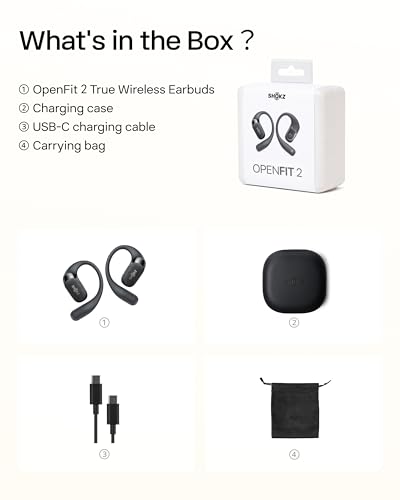SHOKZ OpenFit 2 Open-Ear Earhook Bluetooth Earbuds, Black,48H Playtime | Bundle with Carrying Bag; Powerful bass; IP55 Water-Resistant; AI call clarity; Bluetooth 5.4; Gym/outdoor/home use - color: Black, style: Charging：USB-C
